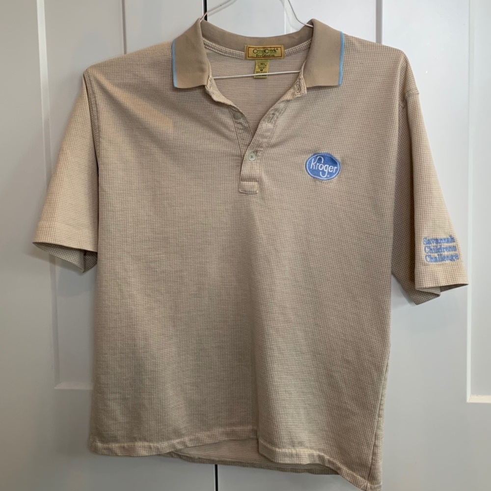 Cross Creek x Kroger polo in tan and baby blue